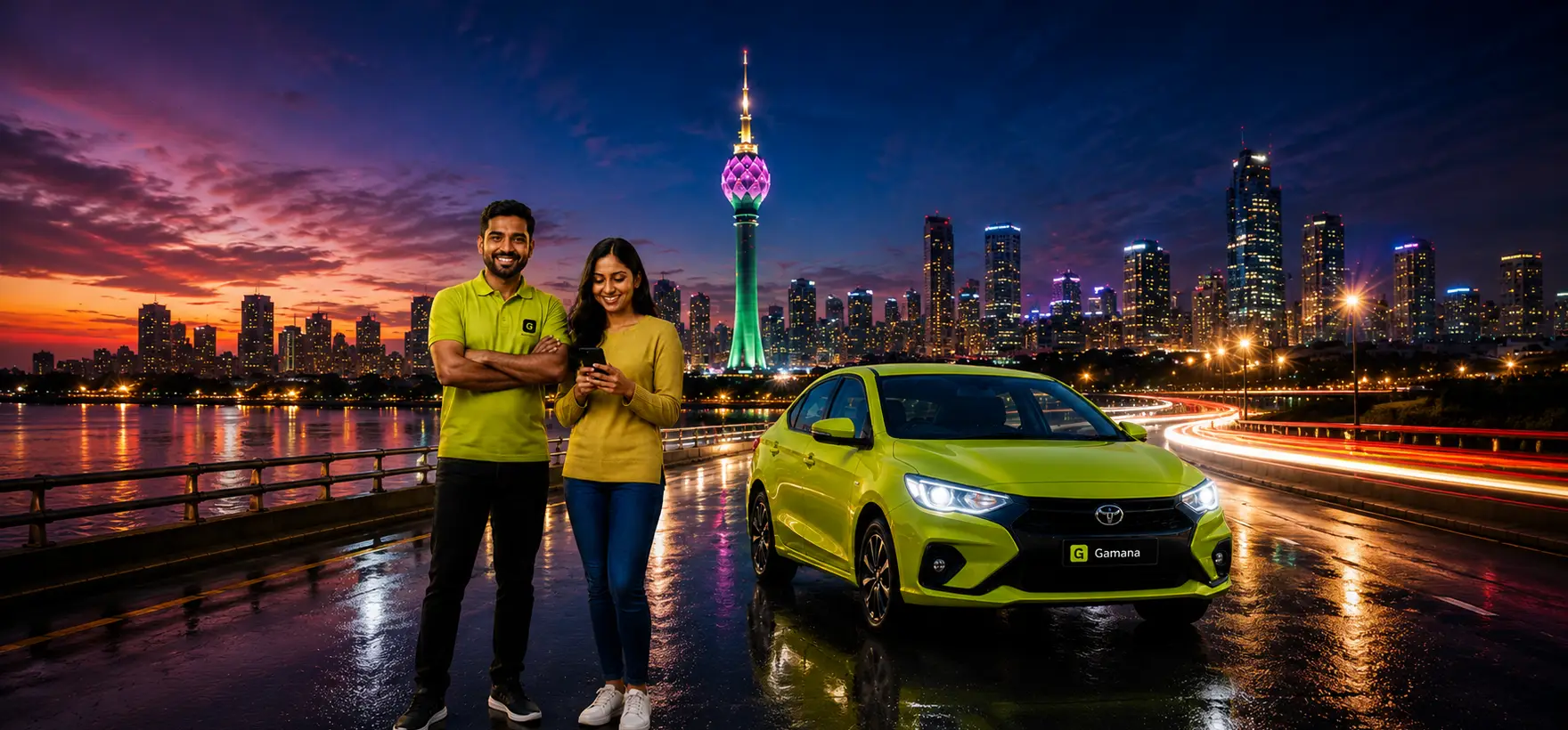 Two Gamana drivers standing beside a car, with the Colombo skyline behind them